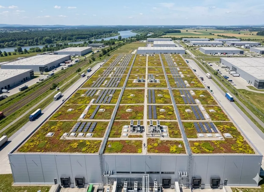 lekki dach zielony na hali magazynowej